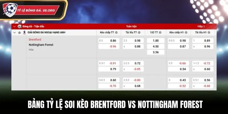 Bảng tỷ lệ soi kèo Brentford vs Nottingham Forest chi tiết